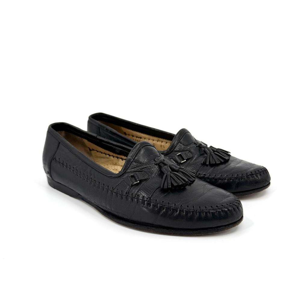 Vintage 90s Santoni Black Genuine Leather Snake Embossed Tassel Loafers